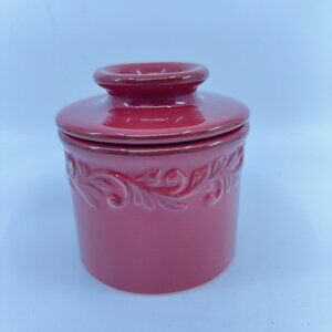 vintage red ceramic butter keeper with embossed floral design